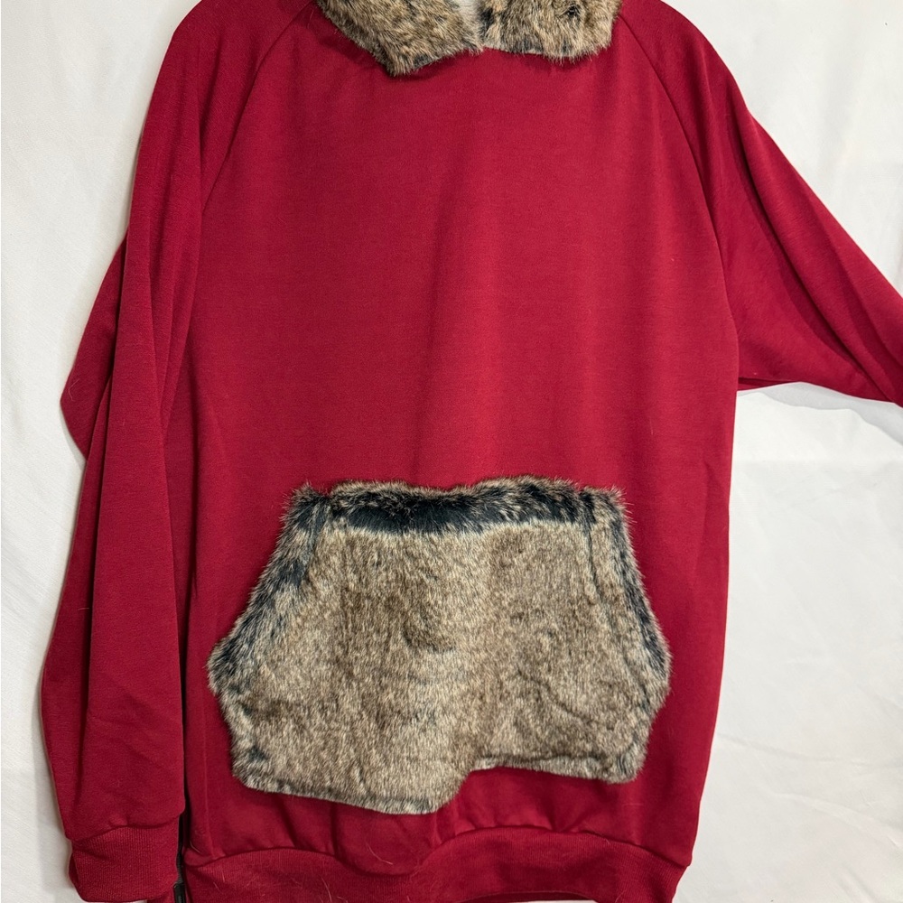 NEW Cozy Red Riflessi Collection Sweatshirt with Faux Fur Accents
